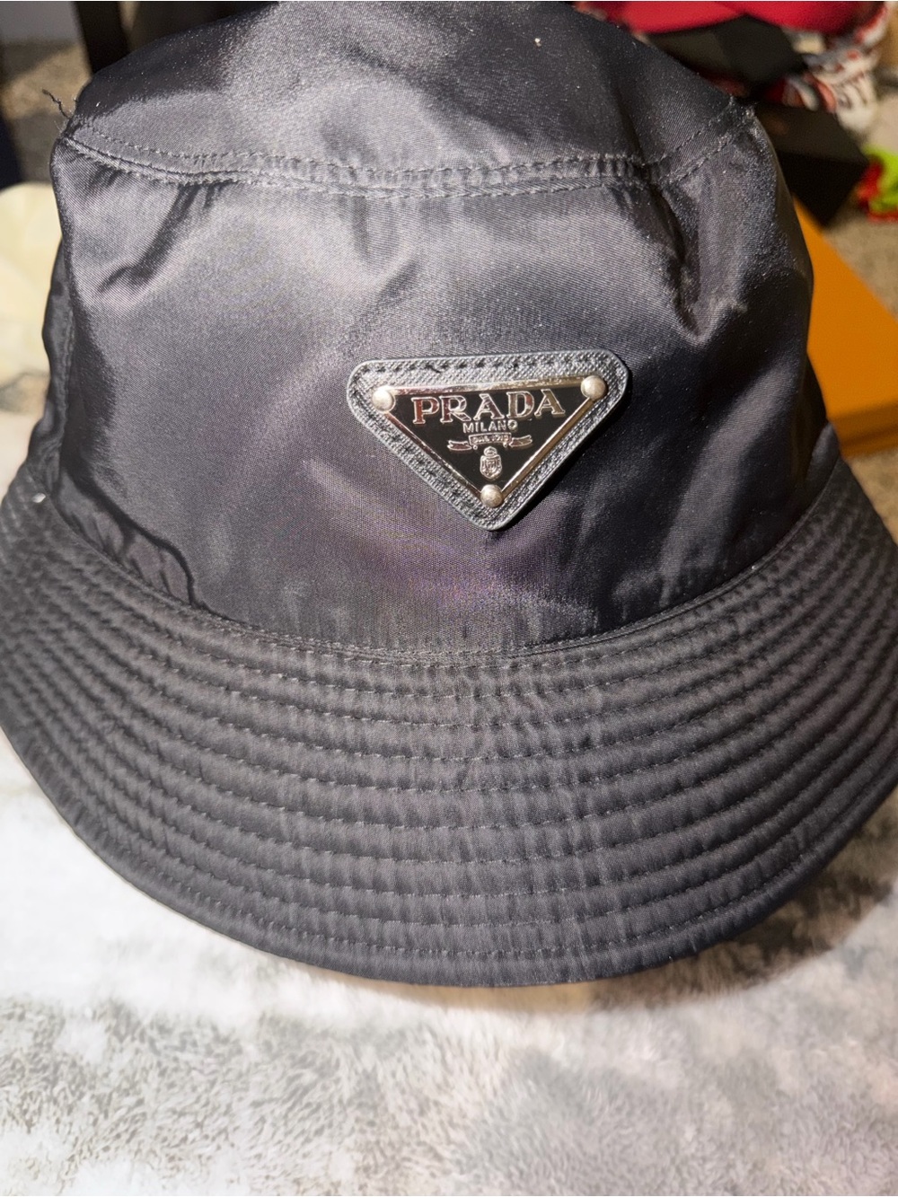 Prada Black Quilted Nylon Bucket Hat with Logo Tag